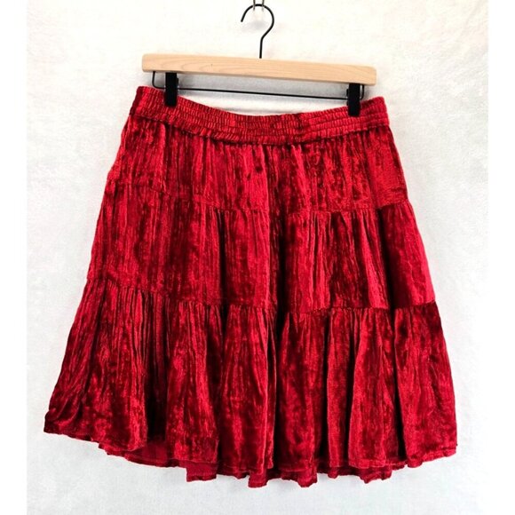 Vtg Broomstick Skirt Red Mini Velvet Tiered Western L Star of India Boho Cowgirl - Picture 1 of 10